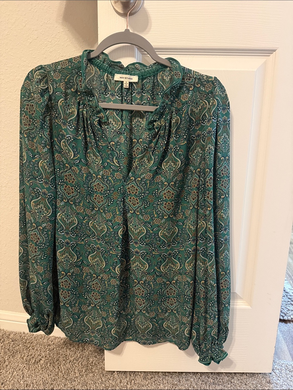 Max Studio Teal-Green Paisley Ruffle-Neck Long-Sleeve Blouse